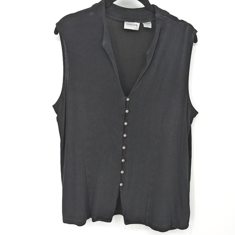 Chicos Travelers Vest Women XL Black Button Front Sleeveless Top‎ Minimalist